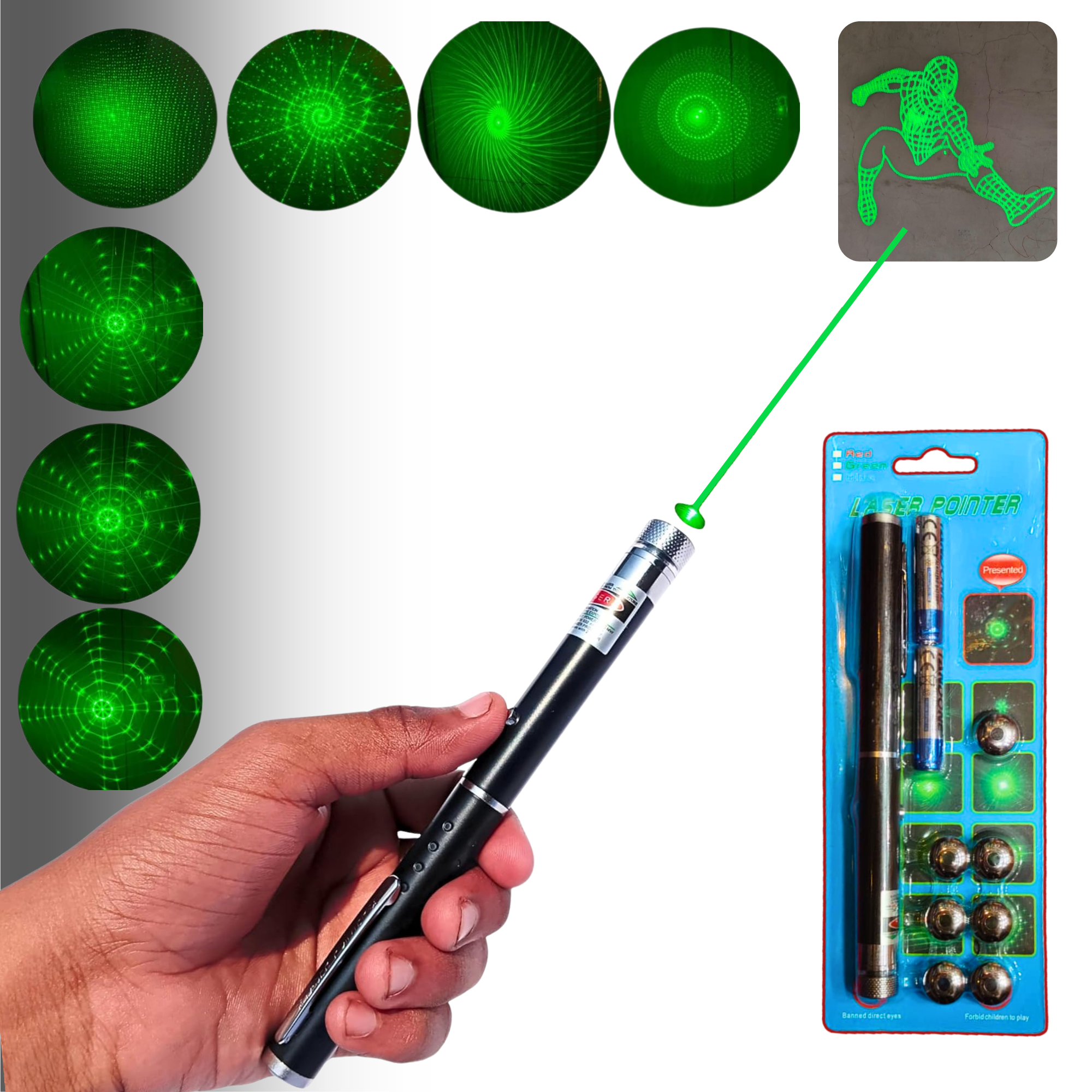 Dizaan Green Laser Pointer Pen with 8 Adjustable Multi-Effect Caps (532nm) | Perfect for Presentation,Project Design & Professional Use